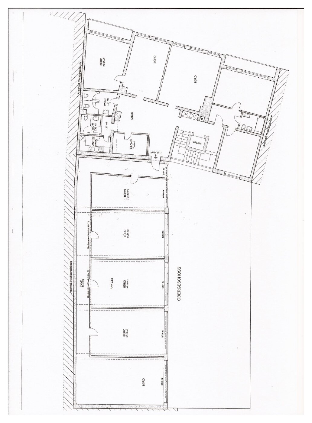 Grundriss des 1. Obergeschosses Holzmarkt 59 mit fünf Büros im hinteren Flügel und Gemeinschaftsflächen im vorderen Teil